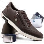 Kit Sapatenis Masculino Franshoes Calce Facil Café + Cinto de Gorgorão + 3 Pares de Meia Lupo 189