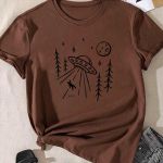 T- Shirt Feminina Franshoes 100% Algodão Camiseta Nave Abduzido Marrom