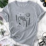 T- Shirt Feminina Franshoes 100% Algodão Camiseta Nave Abduzido Cinza
