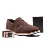 Kit Sapato Derby Masculino Franshoes Camurça Café com Cinto e Carteira