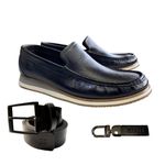 Kit Sapato Masculino Mocassim Emilio Preto + Cinto Casual Masculino Couro Soleta Preto Fivela Preta + Chaveiro Couro Preto