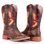 Bota Texana Masculina Bico Quadrado - Réplica De Avestruz Tabaco/Fossil Marrom