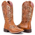 Bota Texana Feminino Bico Quadrado - Fossil Mostarda/Glitter Ouro