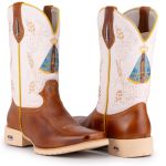 Bota Texana Masculina Bico Quadrado - Nossa Senhora - Fossil Mostarda/Flay Branco