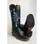 Bota Texana Masculina Bordado Cocar Country em Couro Legítimo Bico Quadrado Salto Carrapeta