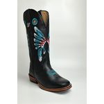 Bota Texana Masculina Bordado Cocar Country em Couro Legítimo Bico Quadrado Salto Carrapeta