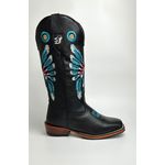 Bota Texana Masculina Bordado Cocar Country em Couro Legítimo Bico Quadrado Salto Carrapeta