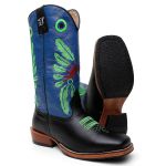 Bota Texana Masculina Bordado Cocar Country em Couro Legítimo Bico Quadrado Salto Carrapeta