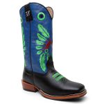 Bota Texana Masculina Bordado Cocar Country em Couro Legítimo Bico Quadrado Salto Carrapeta