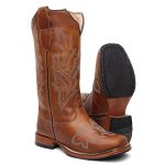Bota Texana Feminina country em Couro legitimo Bico Quadrado Solado de couro Salto reto 