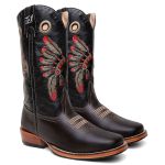 Bota Texana Masculina Bordado Cocar country em Couro legitimo Bico Quadrado Salto Carrapeta 