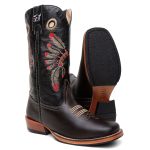 Bota Texana Masculina Bordado Cocar country em Couro legitimo Bico Quadrado Salto Carrapeta 