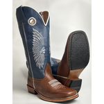 Bota Texana Masculina Bordado Indio Country em Couro Legítimo Bico Quadrado Salto Carrapeta