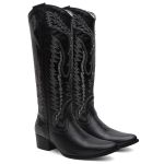 Bota Texana Feminina Preta Bico Fino em Couro Legítimo Bordada com Metais