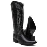 Bota Texana Feminina Preta Bico Fino em Couro Legítimo Bordada com Metais