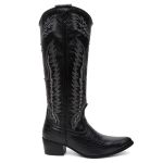 Bota Texana Feminina Preta Bico Fino em Couro Legítimo Bordada com Metais