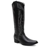 Bota Texana Feminina Preta Bico Fino em Couro Legítimo Bordada com Metais