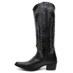 Bota Texana Feminina Preta Bico Fino em Couro Legítimo Bordada com Metais