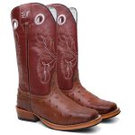 Bota Texana Masculina Avestruz Couro Bovino Country Bico Quadrado Salto Carrapeta 