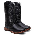 Bota Texana Masculina Jacaré Preto Couro Bovino Legítimo Country Bico Quadrado Salto Reto