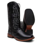 Bota Texana Masculina Jacaré Preto Couro Bovino Legítimo Country Bico Quadrado Salto Reto