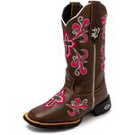 Bota Texana Feminina Country Bordado Cruz em Couro Legítimo Bico Quadrado 