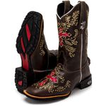 Bota Texana Feminina Café Country Bordado Cruz em Couro Legítimo Bico Quadrado 