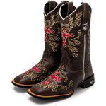 Bota Texana Feminina Café Country Bordado Cruz em Couro Legítimo Bico Quadrado 