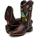 Bota Texana Masculina Bordado Nossa Senhora country em Couro Legítimo Bico Quadrado 
