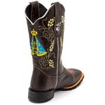 Bota Texana Masculina Bordado Nossa Senhora country em Couro Legítimo Bico Quadrado 