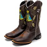 Bota Texana Masculina Bordado Nossa Senhora country em Couro Legítimo Bico Quadrado 