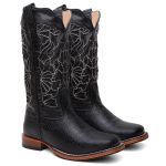 Bota Texana Feminina Laser country em Couro legitimo Bico Quadrado Solado de couro Salto reto 