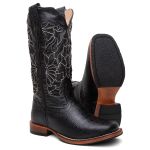 Bota Texana Feminina Laser country em Couro legitimo Bico Quadrado Solado de couro Salto reto 