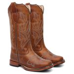 Bota Texana Feminina country em Couro legitimo Bico Quadrado Solado de couro Salto reto 