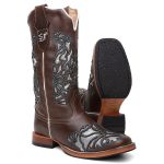 Bota Texana Feminina Laser e Glitter country em Couro legitimo Bico Quadrado Solado de couro Salto reto 