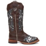 Bota Texana Feminina Laser e Glitter country em Couro legitimo Bico Quadrado Solado de couro Salto reto 