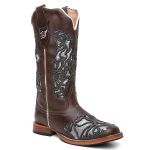 Bota Texana Feminina Laser e Glitter country em Couro legitimo Bico Quadrado Solado de couro Salto reto 