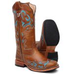 Bota Texana Feminina country em Couro legitimo Bico Quadrado Solado de couro Salto reto 