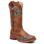 Bota Texana Feminina country em Couro legitimo Bico Quadrado Solado de couro Salto reto 