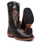 Bota Texana Masculina Bordado Cocar country em Couro legitimo Bico Quadrado Salto Carrapeta 