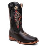 Bota Texana Masculina Bordado Cocar country em Couro legitimo Bico Quadrado Salto Carrapeta 