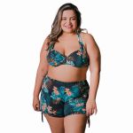 Conjunto Biquíni Plus Size com Short de Ajuste Lateral Folhagem Azul