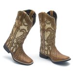 Bota Texana Feminina - Dallas Bambu / Glitter Max Ouro - Roper - Bico Quadrado - Cano Longo - Solado Freedom Flex - Vimar Boots - 13102-B-VR