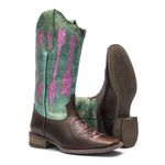 Bota Texana Feminina - Texas Café / Azul Dourado / Glitter Rosa - Roper - Bico Quadrado - Cano Longo - Solado Nevada - Vimar Boots - 13117-A-VR