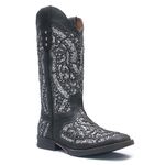 Bota Texana Feminina - Fóssil Preto / Glitter Preto com Prata - Roper - Bico Quadrado - Cano Longo - Solado Freedom Flex - Vimar Boots - 13119-E-VR