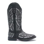 Bota Texana Feminina - Fóssil Preto / Glitter Preto com Prata - Roper - Bico Quadrado - Cano Longo - Solado Freedom Flex - Vimar Boots - 13119-E-VR