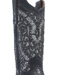 Bota Texana Feminina - Fóssil Preto / Glitter Preto com Prata - Roper - Bico Quadrado - Cano Longo - Solado Freedom Flex - Vimar Boots - 13119-E-VR