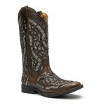 Bota Texana Feminina - Atlanta Brown / Glitter Preto com Prata - Roper - Bico Quadrado - Cano Longo - Solado Freedom Flex - Vimar Boots - 13119-F-VR