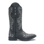 Bota Texana Feminina - Fóssil Preto / Glitter Preto com Prata - Roper - Bico Quadrado - Cano Longo - Solado Freedom Flex - Vimar Boots - 13136-B-VR