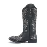 Bota Texana Feminina - Fóssil Preto / Glitter Preto com Prata - Roper - Bico Quadrado - Cano Longo - Solado Freedom Flex - Vimar Boots - 13136-B-VR